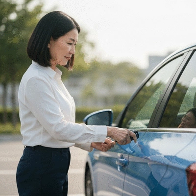 Person using a smart car key to unlock a modern car, illustrating convenience and technology